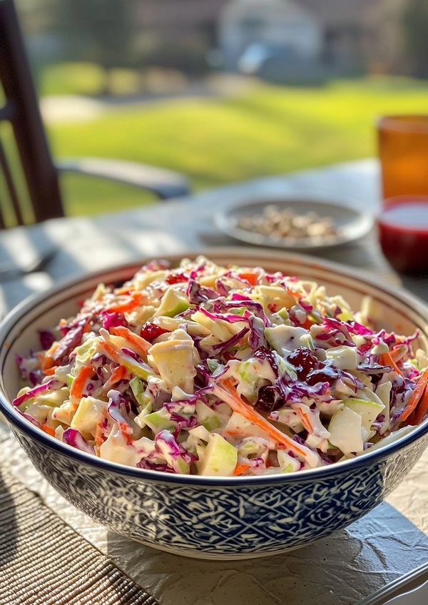 a bowl filled with coleslaw sitting on top of a table