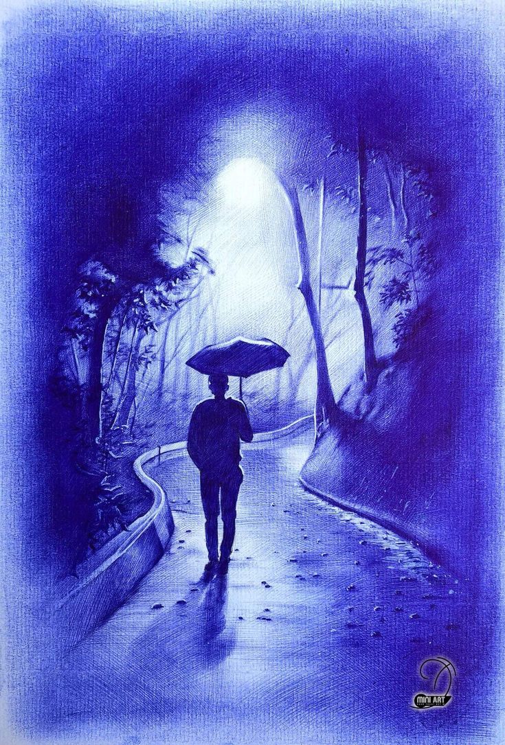 a drawing of a person holding an umbrella walking down a path in the woods at night