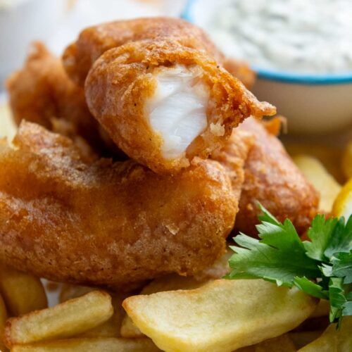 fried fish and french fries with dipping sauce