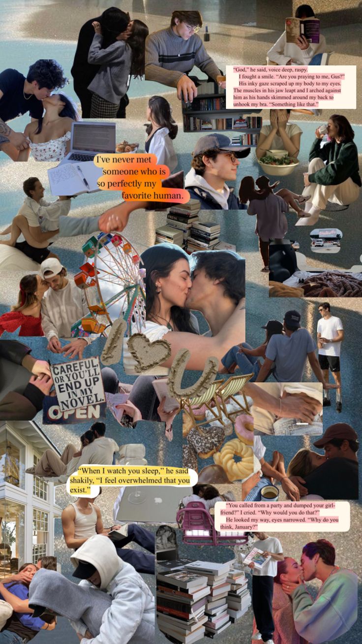 the collage shows people sitting and standing around each other, with text above them