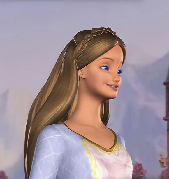 a cartoon girl with long hair standing in front of a castle and looking at the camera