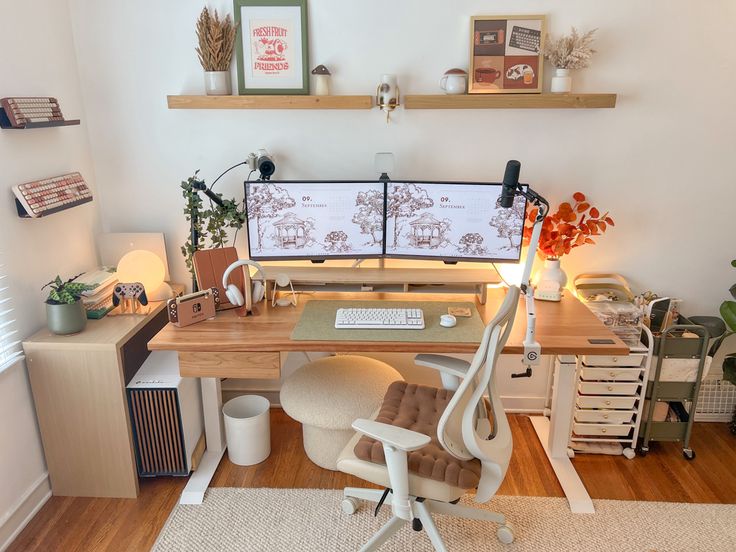 a home office with two computer screens on top of the desk and chairs around it