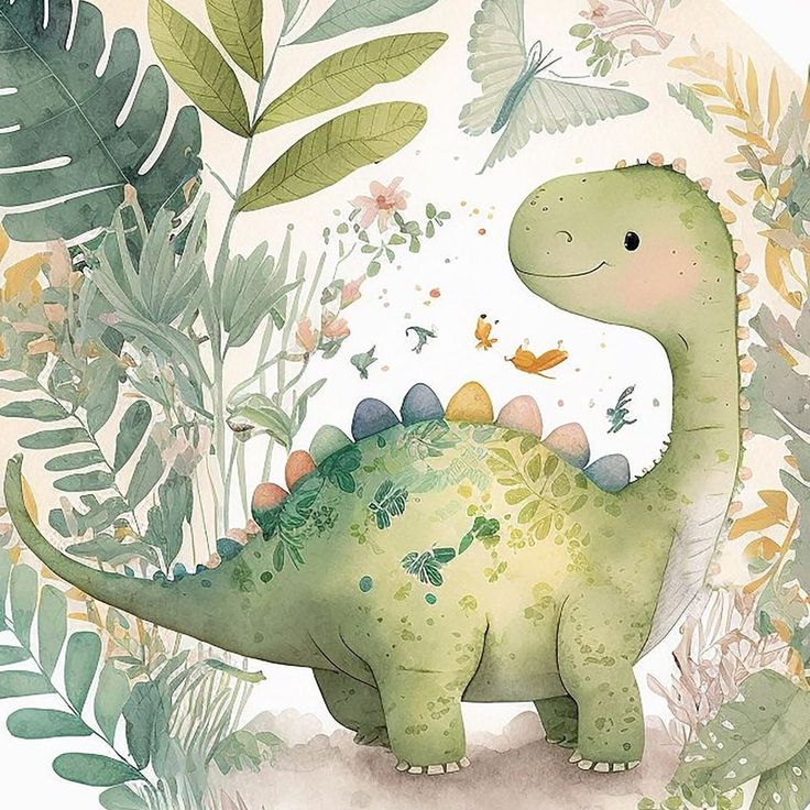 a painting of a dinosaur in the middle of leaves and flowers with a butterfly on its back