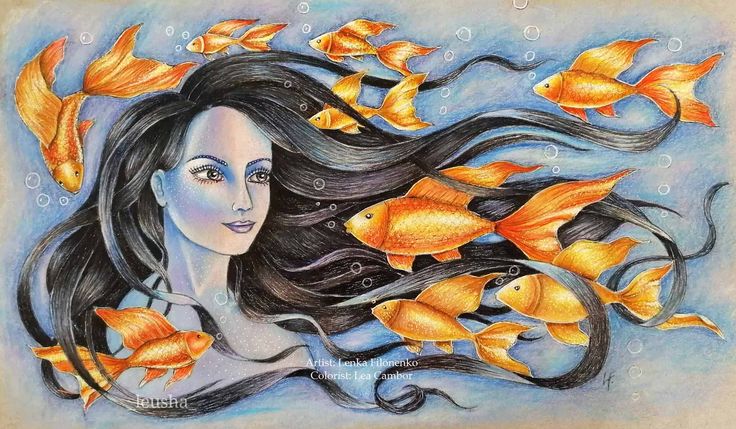 a painting of a woman with long hair surrounded by goldfish