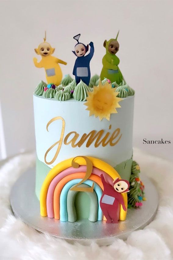 there is a cake that has the name jamie on it and some people standing on top