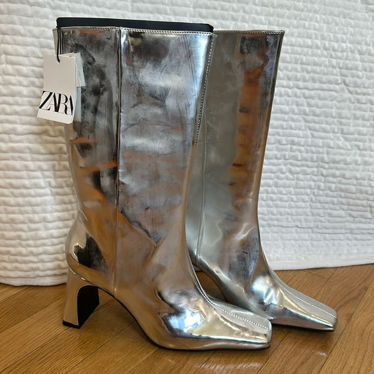 Brand New, Never Worn, With Tags! Size 39 Silver Round Toe Boots For Spring, Trendy Silver Summer Boots, Chic Metallic Boots With Round Toe, Silver Casual Boots With Pointed Toe, Silver Casual Boots For Spring, Casual Silver Boots For Spring, Silver Closed Toe Boots For Spring, Chic Summer Boots By Zara, Silver Spring Boots