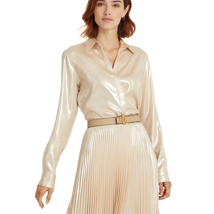 With Its Metallic Sheen And Sleek Concealed Placket, Lauren Ralph Lauren's Satin Shirt Is A Luxe Interpretation Of The Classic Button-Up Silhouette Concealed Buttoned Placket Imported Long Sleeves With Buttoned Barrel Cuffs Point Collar Shirttail Hem Size & Fit Approx. Model Height Is 5'10" And She Is Wearing A Size Small Size Medium Is Approx. 27-½" Long Straight Fit Material & Care Hand Wash Polyester Elegant Gold Button-up Shirt, Elegant Gold Shirt With Button Closure, Chic Collared Gold Shirt, Chic Gold Collared Shirt, Chic Gold Formal Shirt, Spring Sheen Tops For Workwear, Elegant Gold Collared Blouse, Chic Sheen Tops For Workwear, Chic Long Sleeve Tops With Sheen