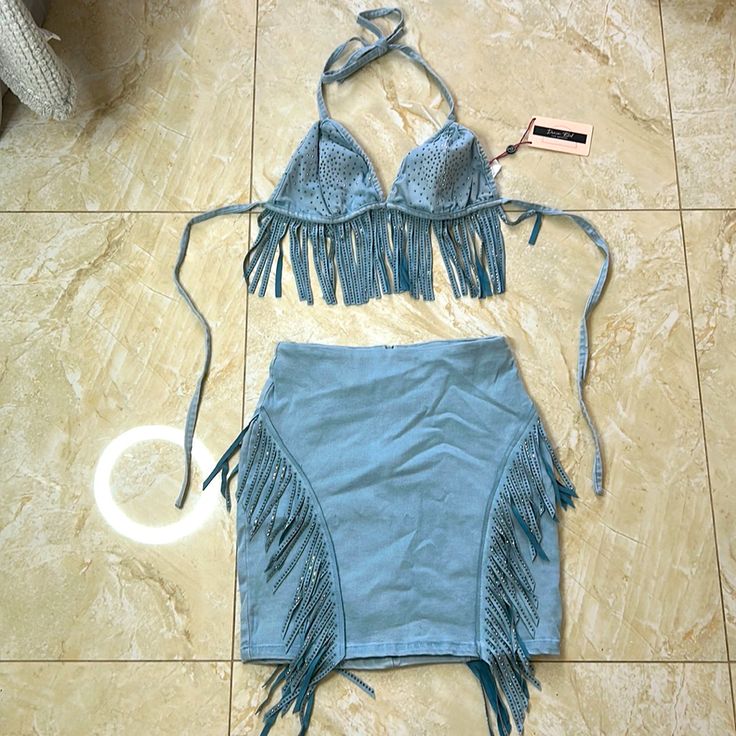 Denim Blvd Western Fringe Bikini Skirt Set, Fringe On Both Sides Of The Skirt! New With Tags. Size Small Blue Denim Skirt For Spring Party, Stretch Denim Blue Mini Skirt For Summer, Stretch Blue Denim Skirt For Summer, Summer Party Denim Skirt, Fitted Denim Mini Skirt For Club, Light Blue Fitted Mini Skirt For Summer, Fitted Light Blue Mini Skirt For Summer, Party Blue Denim Skirt, Blue Denim Skirt For Summer Parties