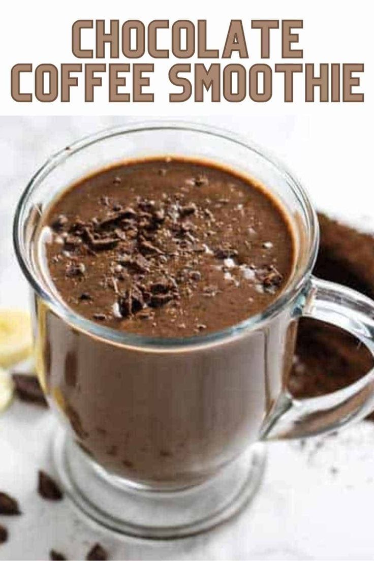 chocolate coffee smoothie in a glass mug with text overlay that reads chocolate coffee smoothie