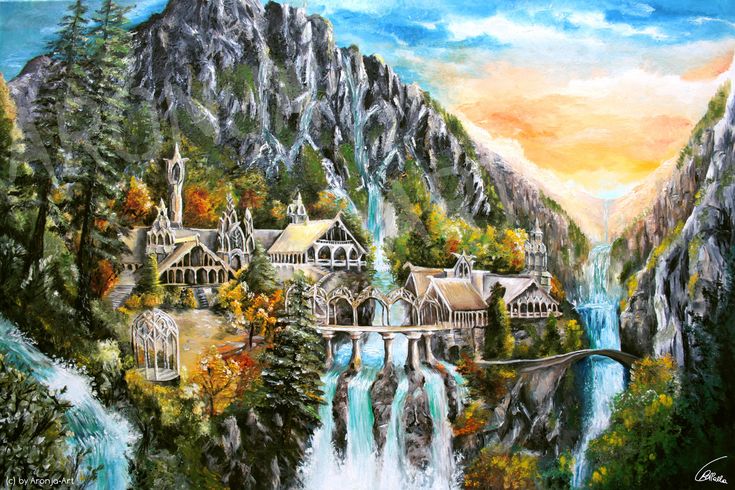 a painting of a waterfall with houses in the middle and trees on both sides, surrounded by mountains