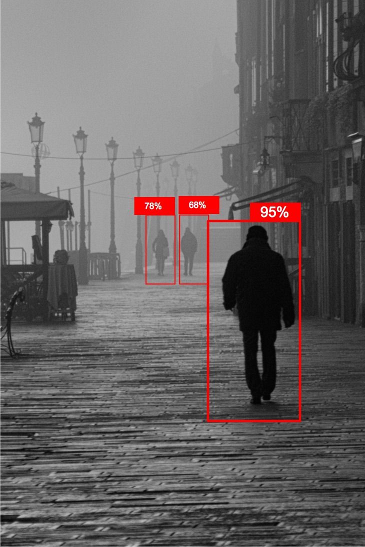 a man walking down a street with red squares in front of him and the words 50 % off