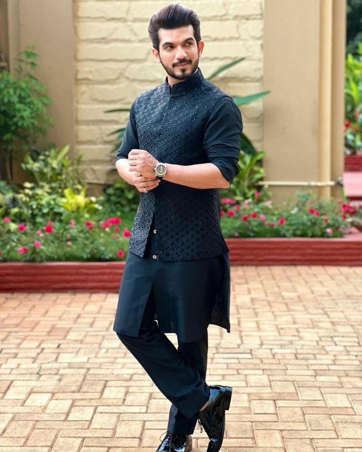 Mens Wedding Guest Outfit Indian, Peacock Blue Kurta For Men, Nehru Kurta For Men, Black Kurta Poses For Men, Blue Kurta With Nehru Jacket For Men, Kurta Pajama Men With Waist Coat, New Kurta Style For Men 2023, Kurta With Koti Designs Men's, Kurta Pajama Koti Men