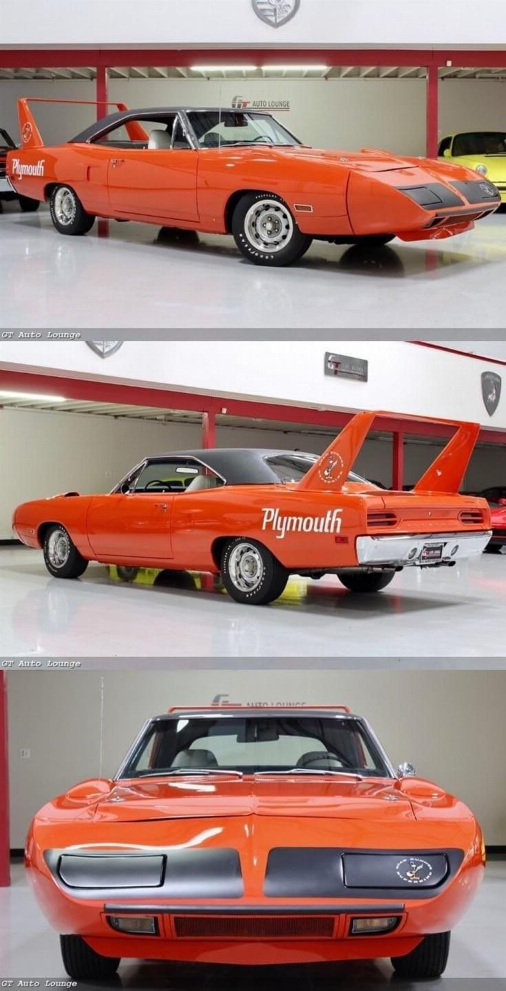 three different views of an orange muscle car with the word plymouth on it's side