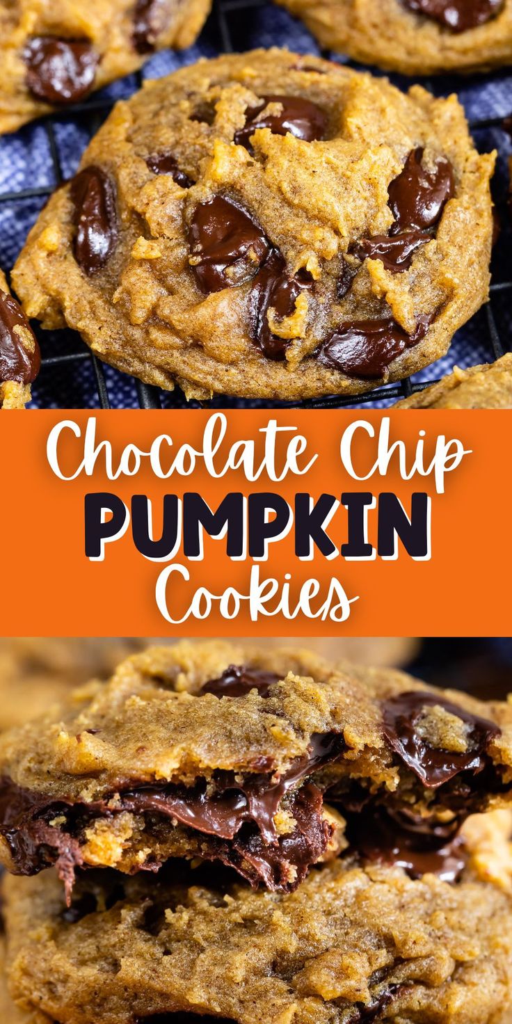 chocolate chip pumpkin cookies stacked on top of each other with the title in the middle