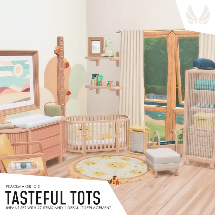 a baby's room with lots of furniture and decor in pastel tones, including a crib