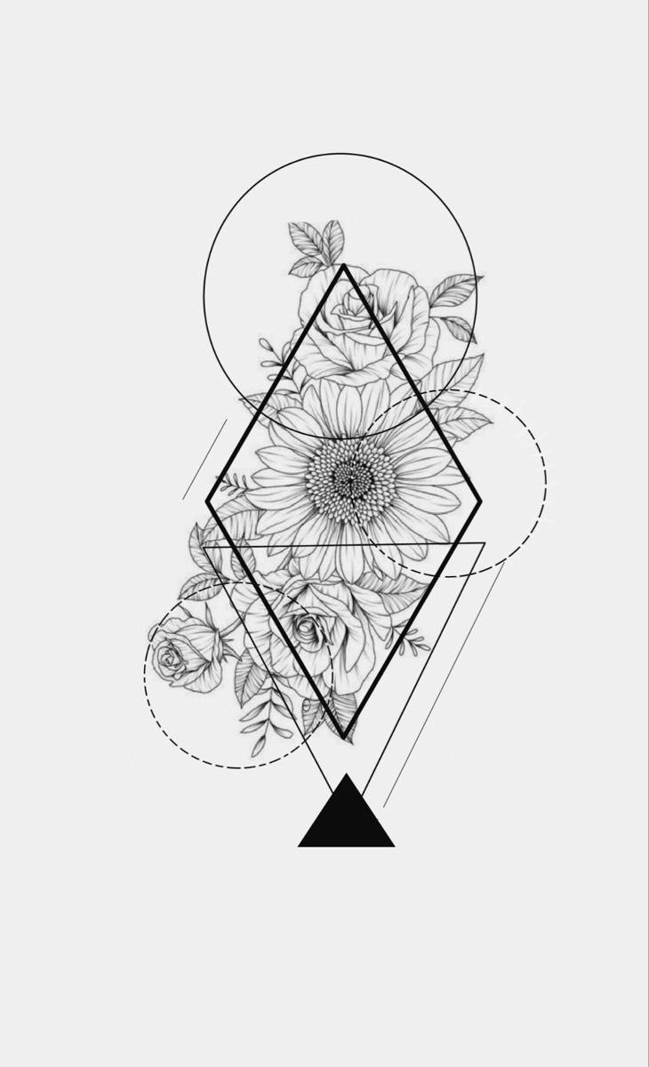 a black and white drawing of flowers with geometric shapes