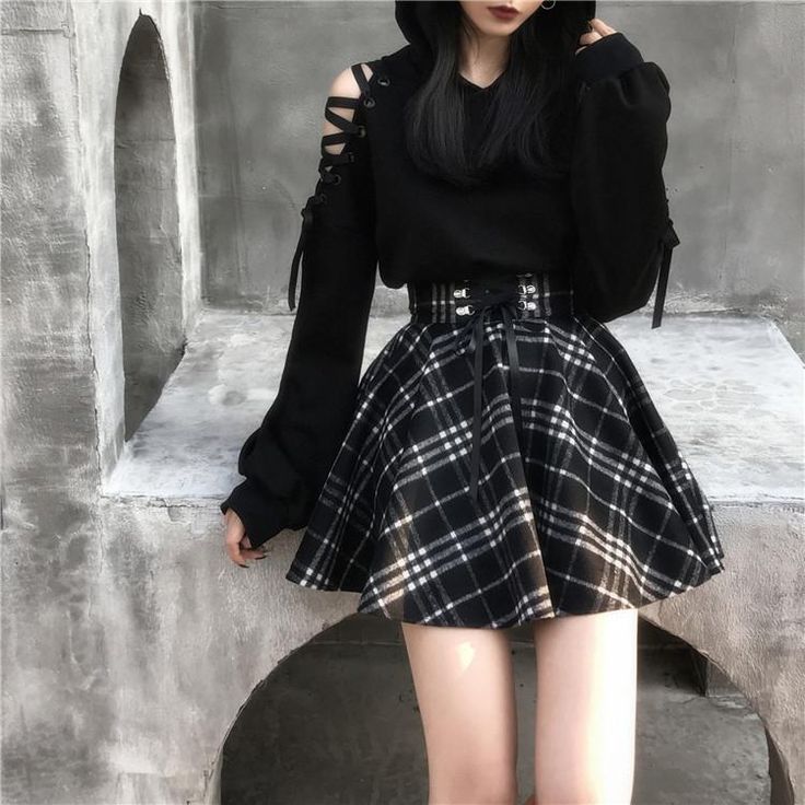 Dark Girl Series Top   Skirt KF81059 Black And White Plaid Skirt, Egirl Fashion, Goth Outfit, Plaid Wool Skirt, Cute Skirt Outfits, Rock Outfit, Skirt Mini, Wool Skirt, Goth Outfits