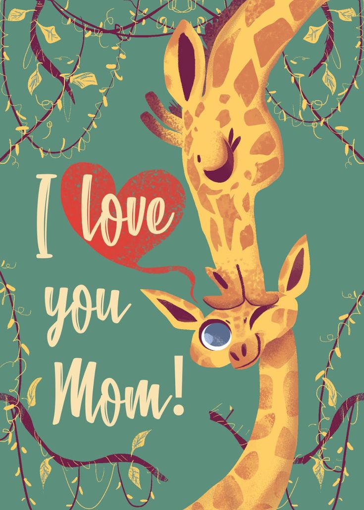 two giraffes that are next to each other with the words i love you mom