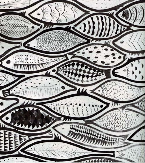 a drawing of many different fish in black and white, one is drawn on paper