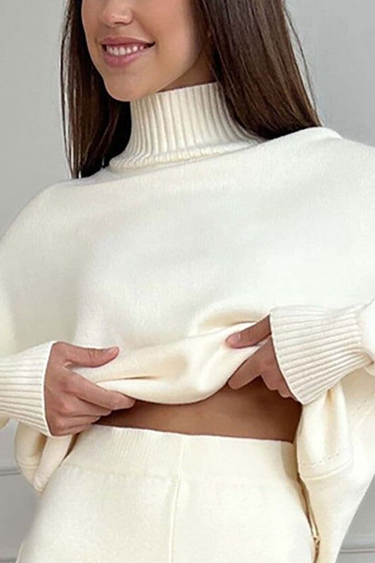 Turtleneck Knitted Sweater and Pants Set. Runs small . if you are between sizes. size up. High-waisted pants. -65%cotton 35%Polyester Fashion Gal, Pants White, Curvy Dress, Loungewear Set, Off White Color, Sweater Set, Casual Sets, Knitted Sweater, Quality Fashion