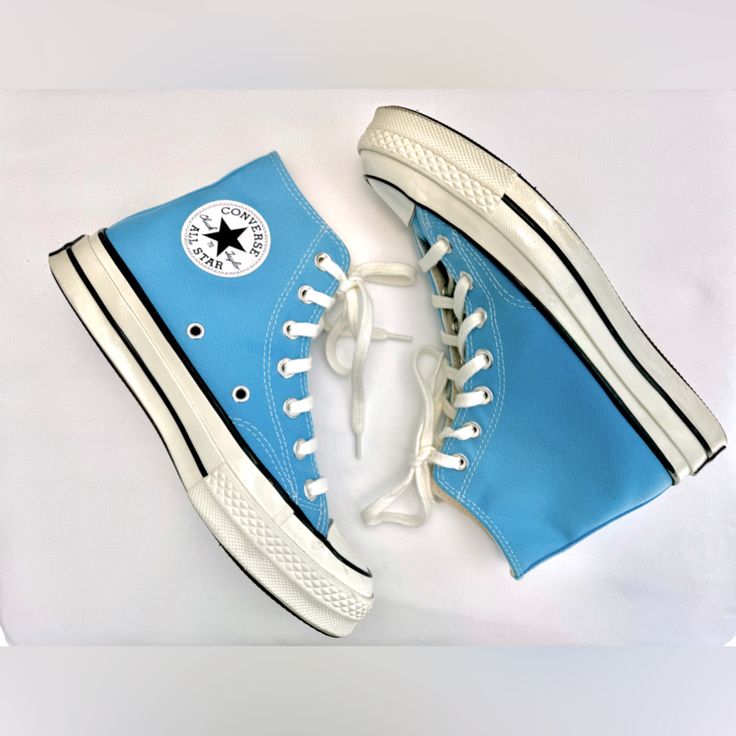 Converse All Star, Light Blue Canvas Material, Creme/ Off White Rubber Sole And Laces. Brand New, Never Worn, Glossed Toe And Sole, Dark Brown Rubber Bottom, Off White Cotton Laces, Unisex, Easy To Clean, Comfortable, And Trendy Blue Sporty Platform Sneakers, Light Blue Converse, Converse Collection, Shoes Light Blue, Pjo Oc, B Day Gifts, All Star Converse, Blue Converse, Star Converse