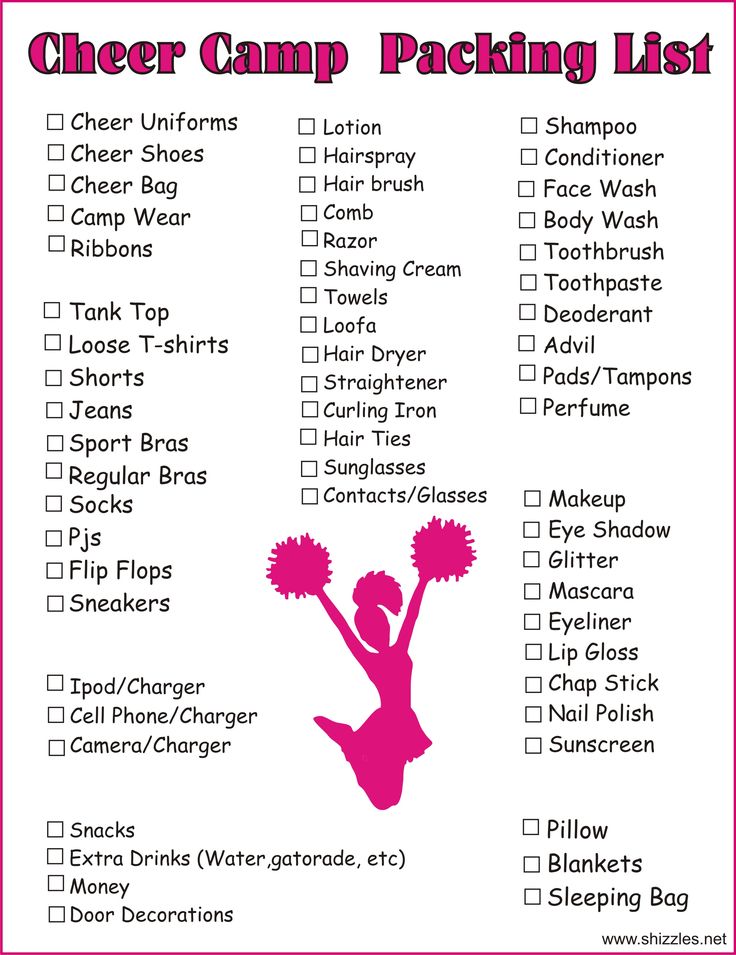 the cheer camp packing list is shown with pink silhouettes and black lettering on it