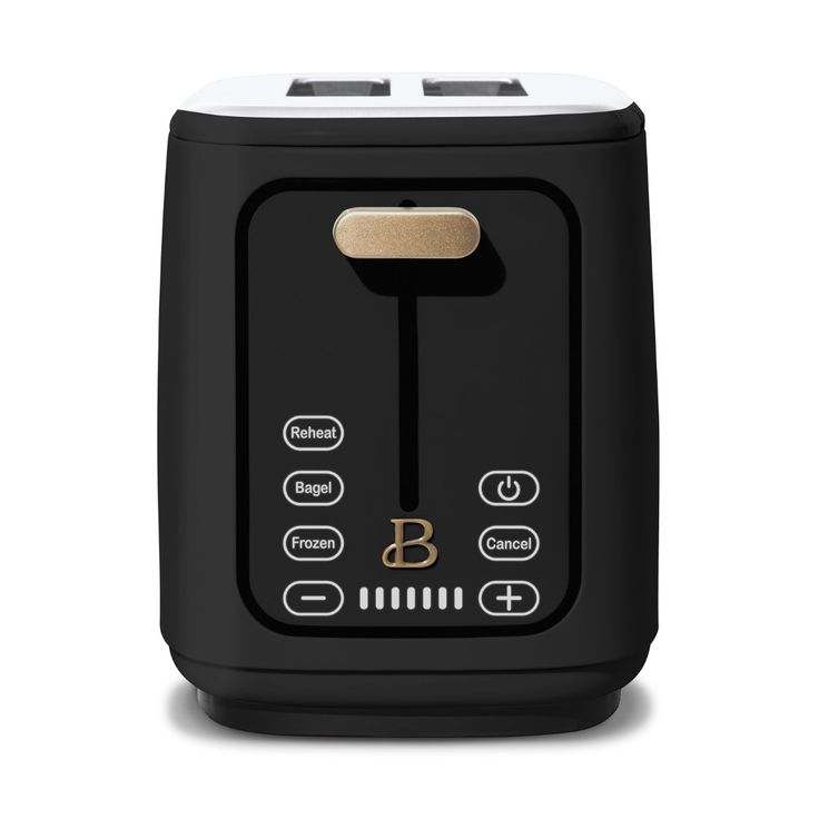 an image of a black toaster with gold accents