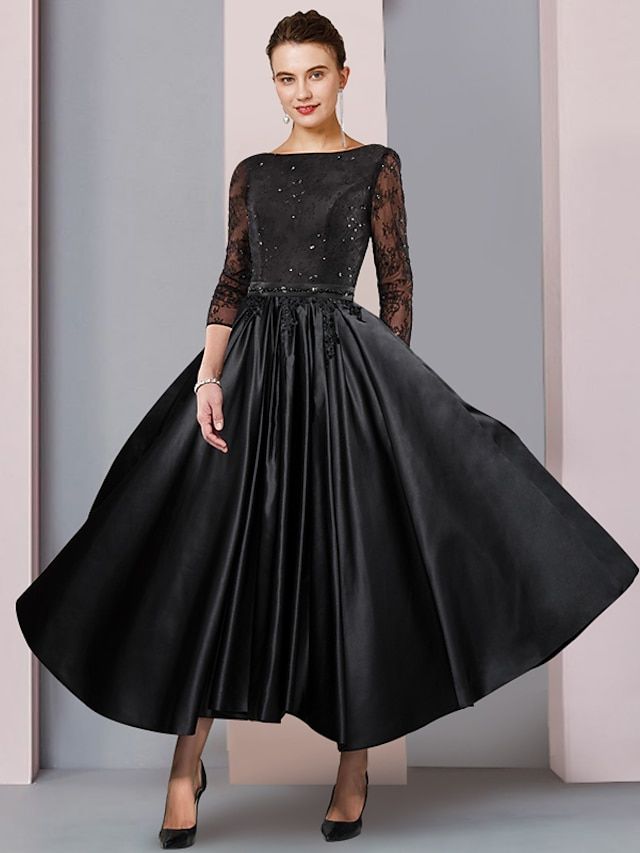 A-Line Mother of the Bride Dress Formal Wedding Guest Elegant Party Scoop Neck Tea Length Satin Lace 3/4 Length Sleeve with Sash / Ribbon Pleats 2024 2024 - $139.99 Blak Dress, Dress Formal Wedding Guest, Trendy Dresses Formal, Formal Wedding Guests, Sukienki Plus Size, A Line Evening Dress, Evening Dresses Online, Cheap Evening Dresses, Black Dress Formal