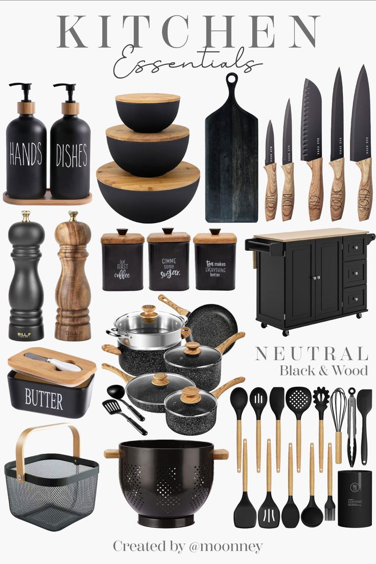 the kitchen essentials are arranged in black and white, including pots, pans, knives