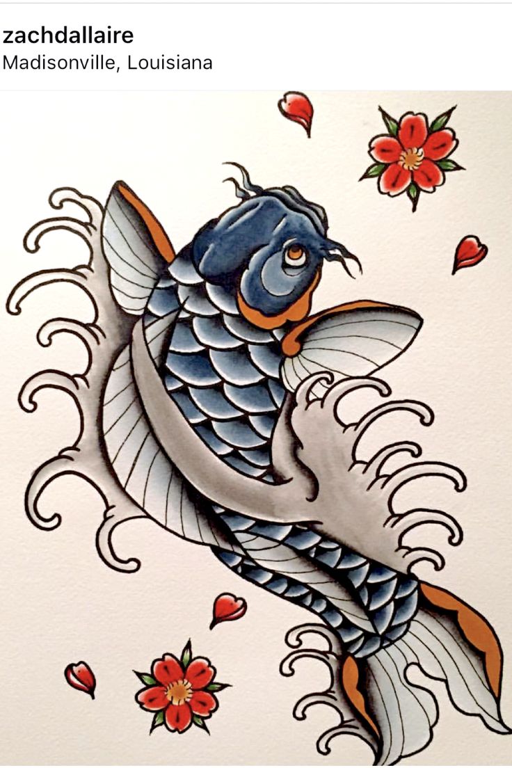 a fish with flowers and leaves on it's body is shown in this tattoo design