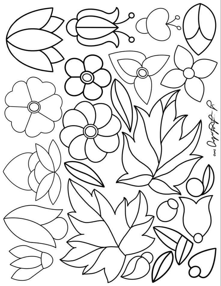 a coloring page with flowers and leaves