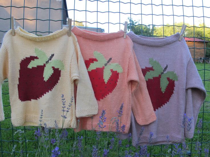 three knitted sweaters hanging on a wire fence in front of flowers and grass