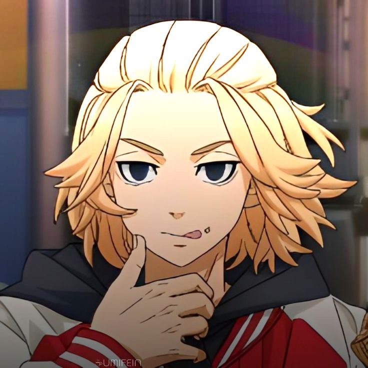 an anime character with blonde hair and blue eyes is looking at the camera while holding his finger to his chin