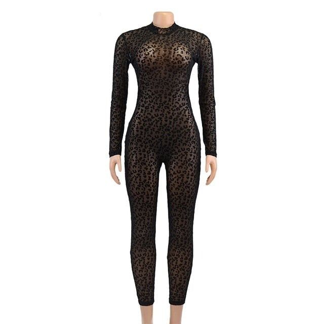 Get ready to steal all the stares in this Leopard Mesh Jumpsuit. Featuring a black stretch mesh material. Just add slip-on heels and gold accessories for a full proof finish. Evening Stretch Mesh Bodysuit, Black Sheer Bodysuit For Evening, High Stretch Mesh Bodysuit For Night Out, Elegant Stretch Mesh Bodysuit, Trendy Nylon Bodysuit For Parties, Black Nylon Bodysuit For Evening, Black Mesh Bodysuit For Party, Black Stretch Bodysuit For Party, Chic Stretch Mesh Bodysuit