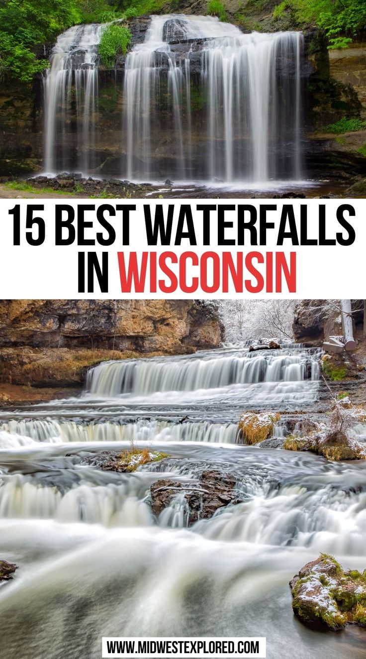 waterfalls in wisconsin with text overlay that reads 15 best waterfalls in wisconsin