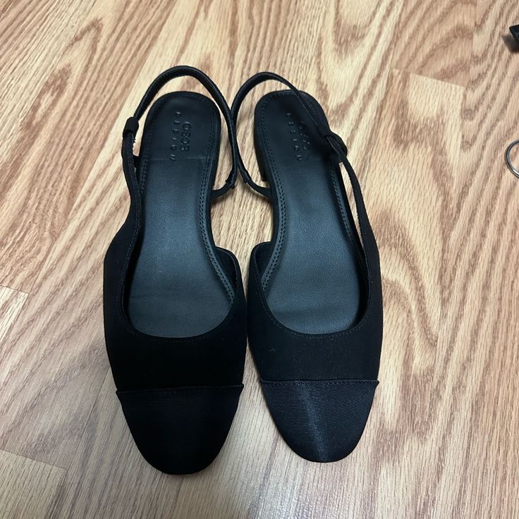 Never Worn, Satin Flats Uk 7, Us 9 Black Casual Slingback Pumps With Round Toe, Casual Black Slingback Pumps With Round Toe, Chic Black Slingback Sandals With Adjustable Strap, Casual Black Slingback Pumps With Ankle Strap, Casual Black Ankle Strap Slingback Pumps, Casual Black Low Heel Slingback Pumps, Casual Black Open Toe Slingback Pumps, Casual Black Slingback Heels, Black Slingback Pumps With Adjustable Strap For Spring