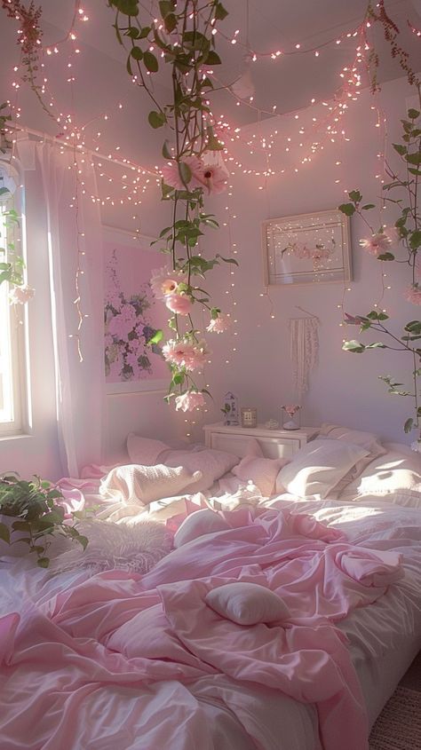 a bed with pink sheets and flowers hanging from it's ceiling in a bedroom