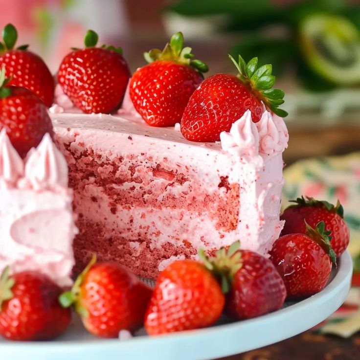 a strawberry cake with frosting and fresh strawberries