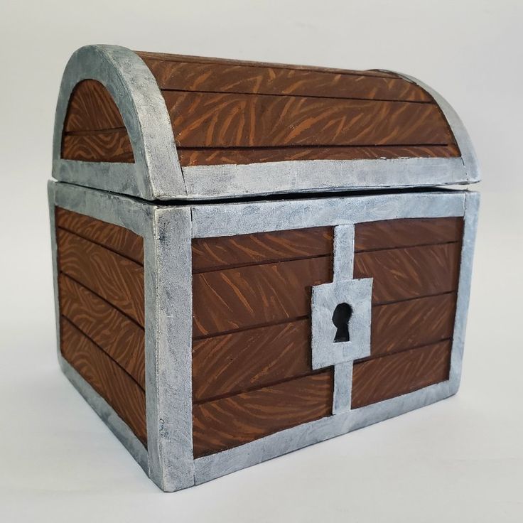 a large wooden chest with a lock on the front and side door is made out of metal