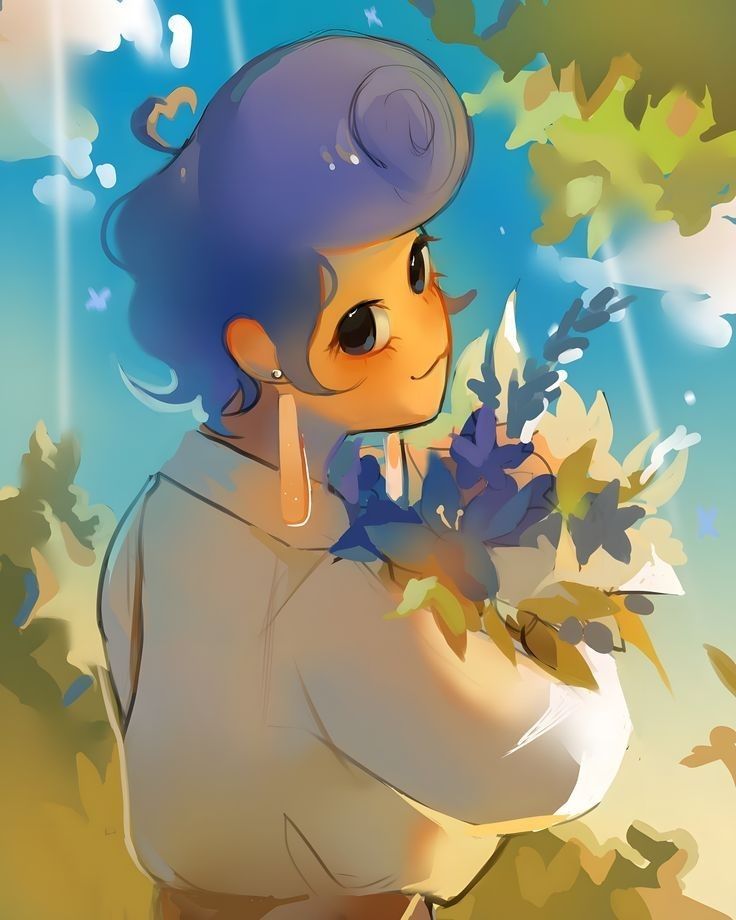 a woman with blue hair holding leaves in her hand and looking at the sky behind her