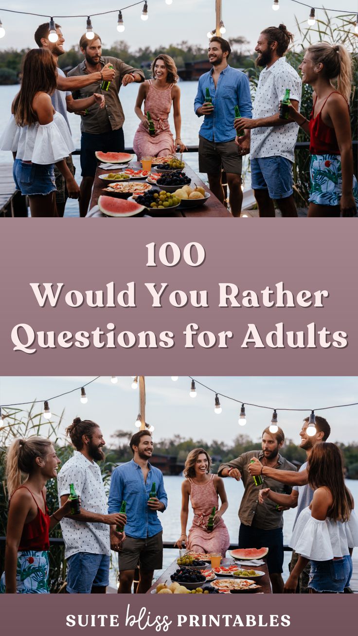 a group of people standing around a table with food on it and the words 100 would you rather questions for adults?