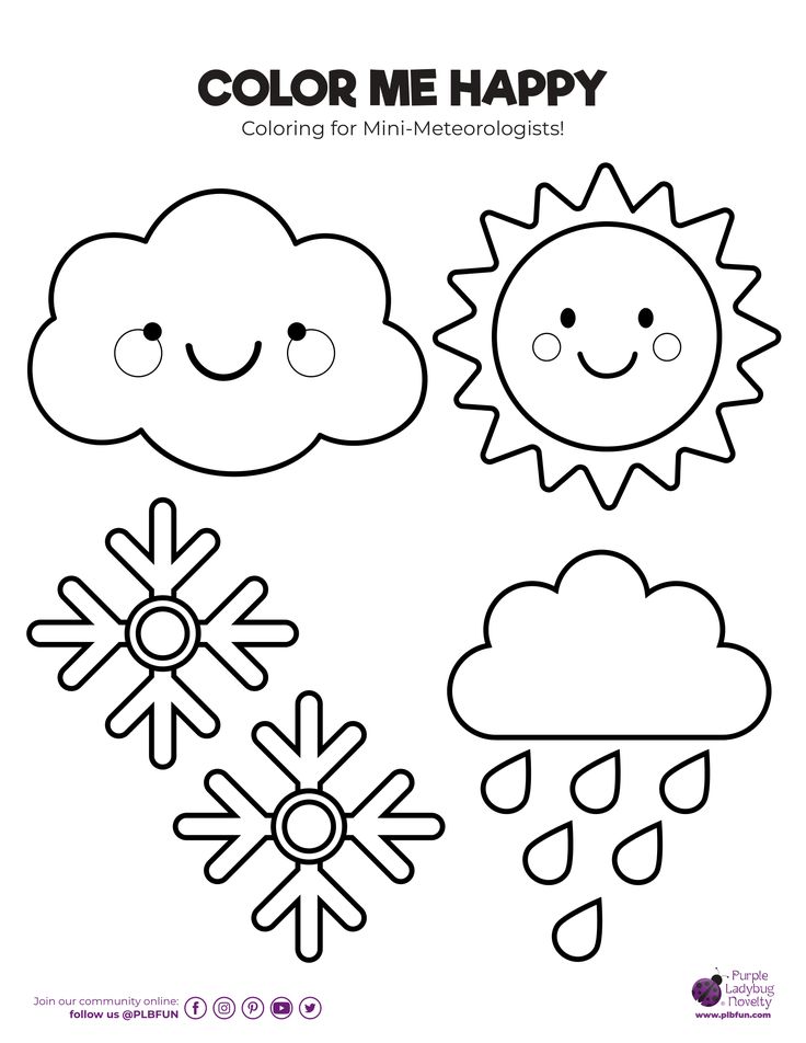 coloring pages for kids with the words color me happy and sun, clouds, and snowflakes