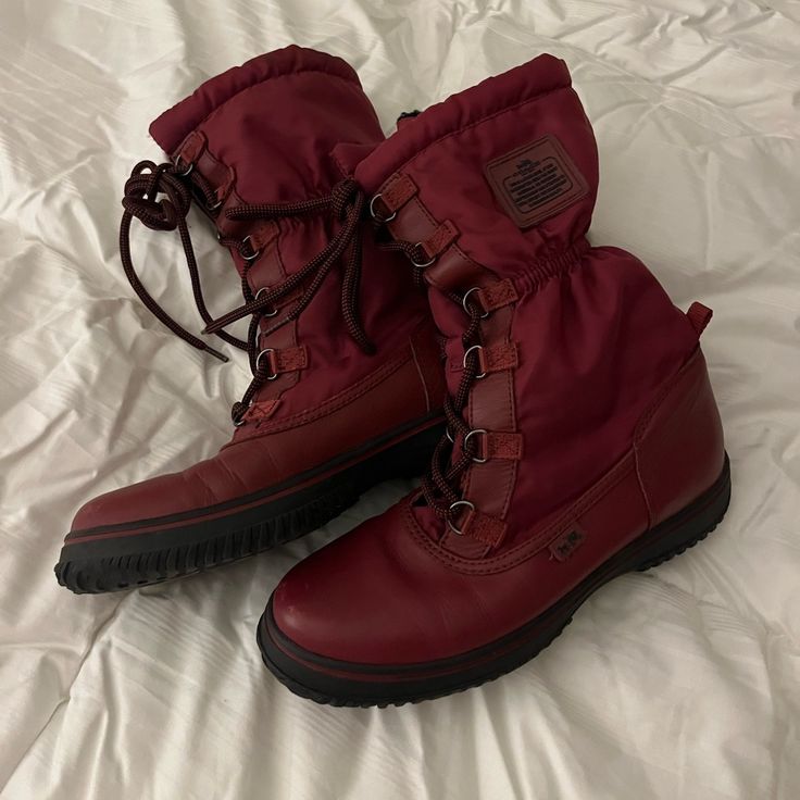 Authentic Red Snow Boots! Worn Once But It Snows Where I Am Maybe Once A Year So Don’t Have A Need For Them. In New Condition. Handcrafted From Durable Nylon With Leather Trim, This Sleek Cold Weather Ready Boot Is Lined With Cozy Faux Shearling And Fitted With A Cinched Shaft To Keep The Elements At Bay. Red Snow, Coach Shoes, Leather Trim, Snow Boots, Leather Trims, Cold Weather, A Year, Sleek, Size 6