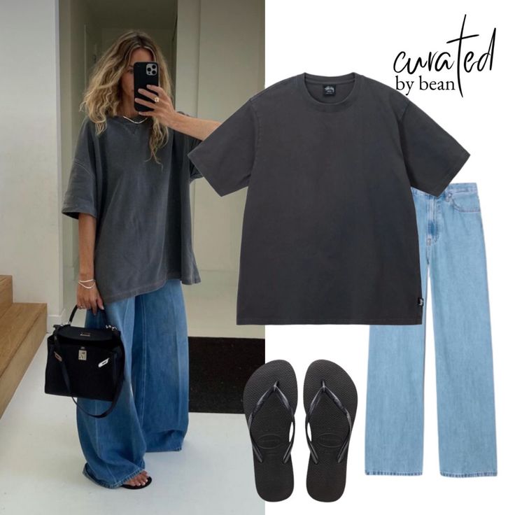 Womens trendy outfits oversized tshirt baggy jeans hermes kelly stylish outfit aesthetic relaxed Xl Tee Shirt Outfit, Long Tshirt Outfit Jeans, Outfit With Tshirt Casual, Jeans And Black Tshirt Outfit Women, Baggy Tee And Jeans, Oversized Grey T Shirt Outfit, Oversized Tshirt Office Outfit, Oversize Top Outfit, Oversize Black Tshirt Outfit