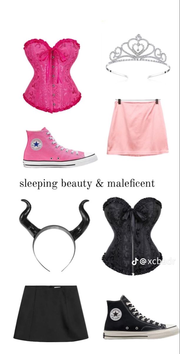 four different types of clothes and shoes with the words sleeping beauty & maleficent