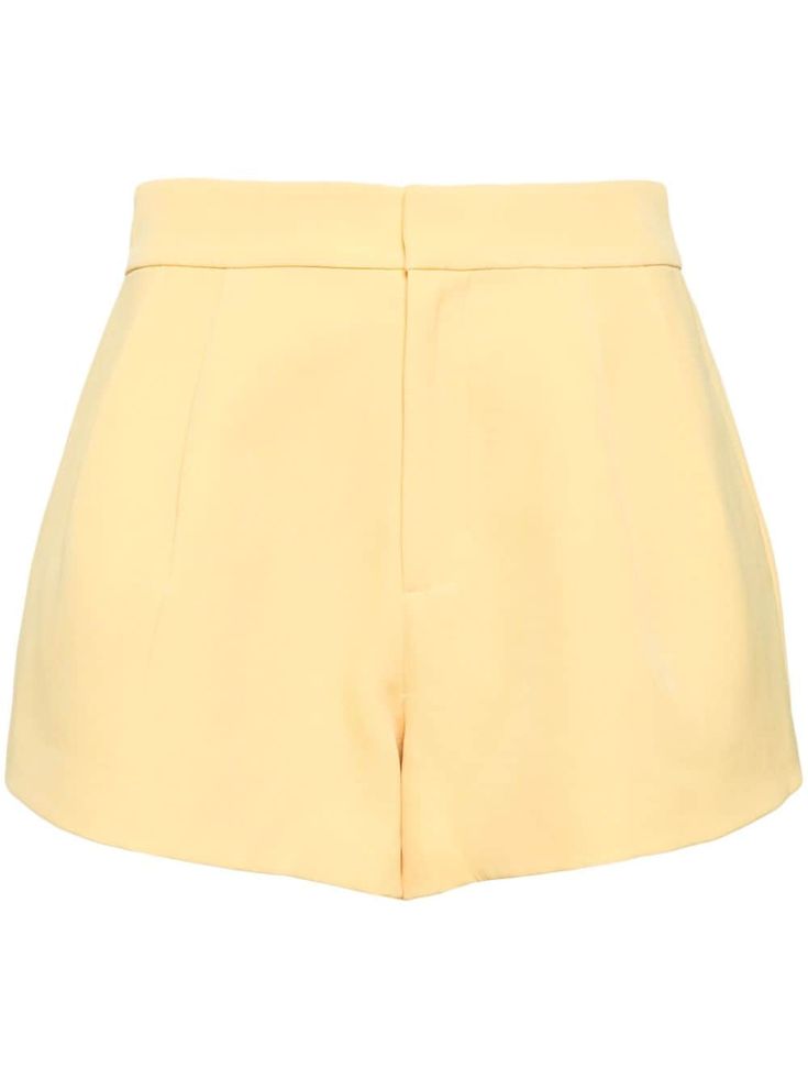 light yellow stretch-design pressed crease high-waisted concealed front fastening tailored cut two rear jetted pockets thigh-length Yellow High-waisted Summer Shorts, Fitted Yellow Shorts With Pockets, High Rise Yellow Cotton Shorts, Yellow Cotton High-waisted Shorts, High-waisted Yellow Shorts With Elastic Waistband, Tailored Shorts, Yellow Shorts, City Dress, Mini Shorts