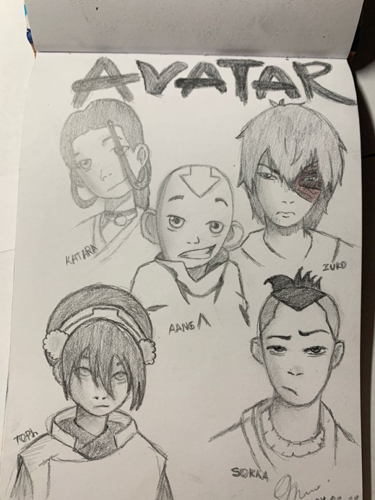 a drawing of some people with different hair styles and facial expressions on their faces, in front of a sign that says avatar