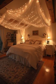 a bedroom with lights strung over the bed