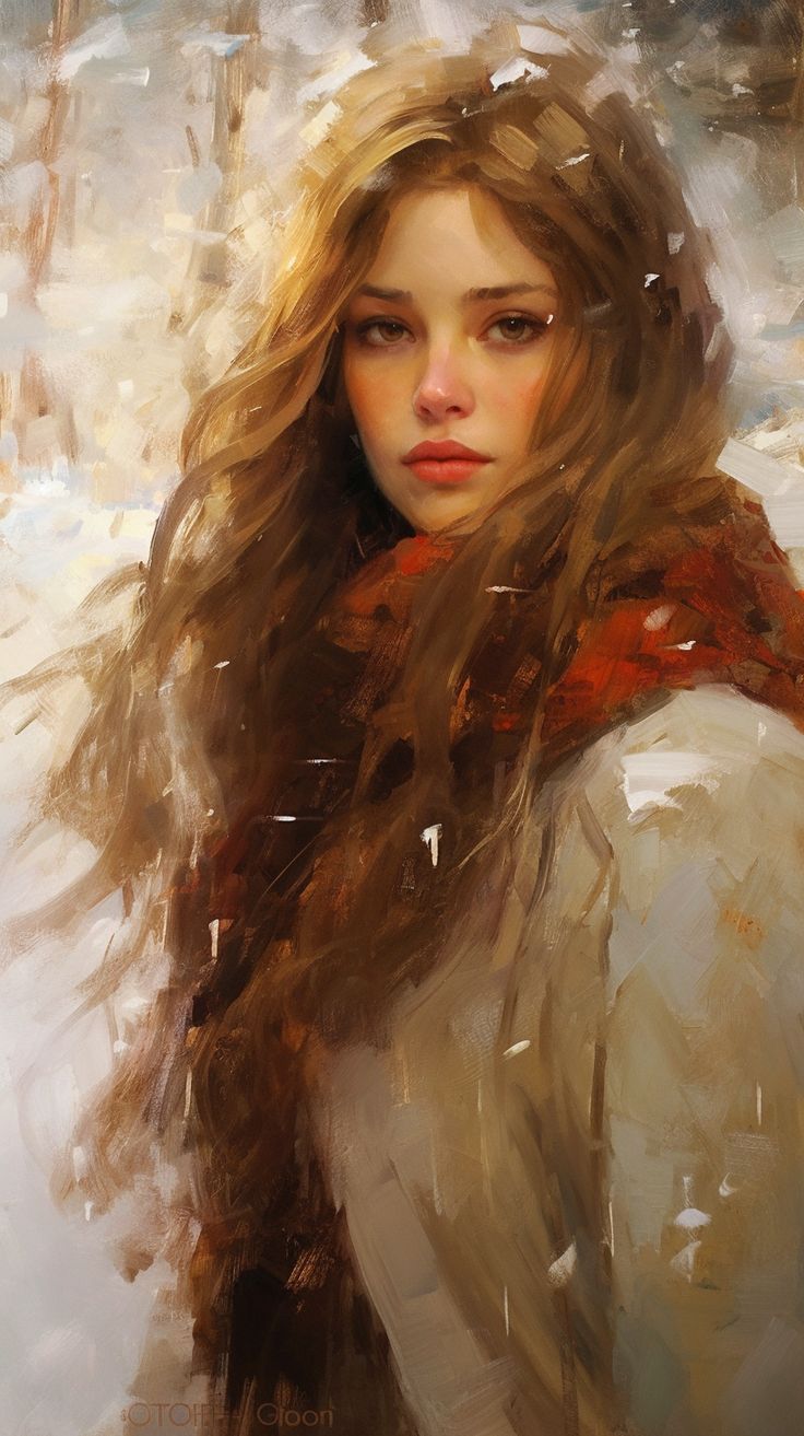 a painting of a woman with long hair and a scarf around her neck in the snow