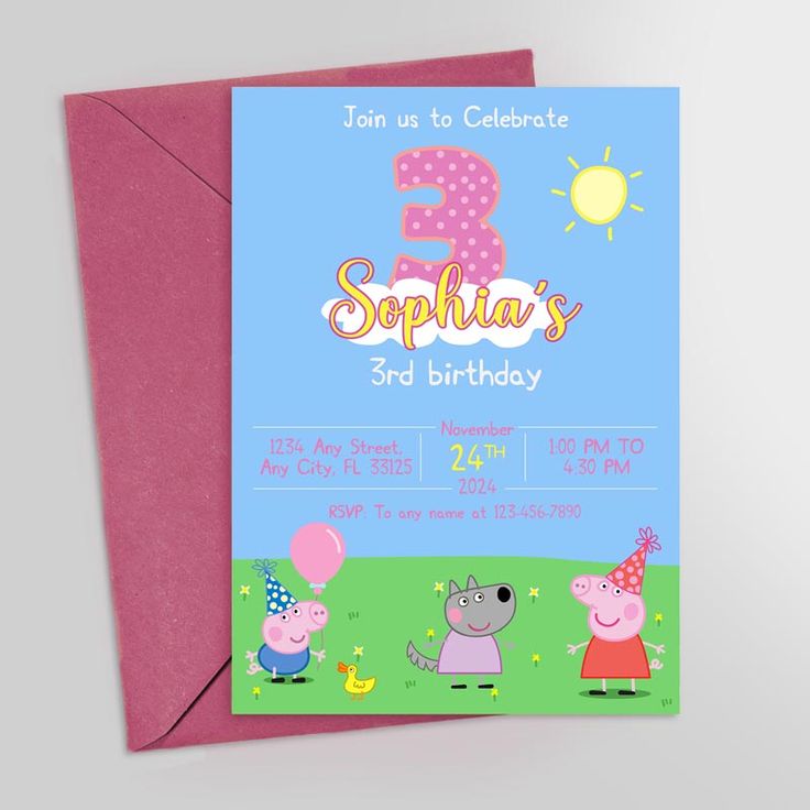 a pink birthday card with pep the pig on it and balloons in the sky, says 3 sophiia's 3rd birthday